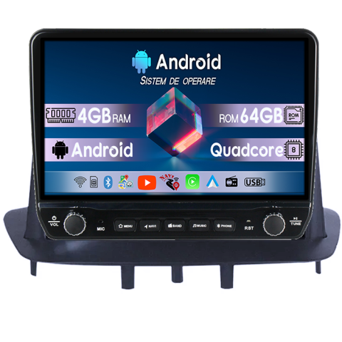 Megane 3 (2003-2016) - Navigatie dedicata Renault Megane 3 2003-2016 Tesla cu butoane rotative model 2024, 4GB RAM 64GB ROM, Procesor Quadcore, Android 14, Display QLED 10", DSP, Carplay&Android Auto