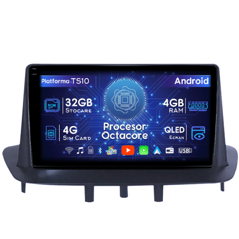 Megane 3 2008-2014 - Navigatie dedicata Renault Megane 3 2008-2014, 4GB RAM 32GB ROM, Octacore, Android 14, Display QLED 1K 9", DSP, Carplay&Android Auto, SIM 4G, Bluetooth, Ventilator Activ