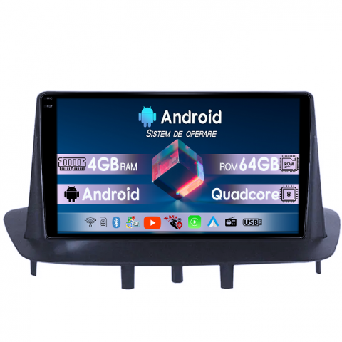Megane 3 (2003-2016) - Navigatie dedicata Renault Megane 3 2008-2014, 4GB RAM 64GB ROM, Quad Core, Display 9" QLED 1K, Carplay, Android 14, Bluetooth, Magazin Play, Suport Camere AHD