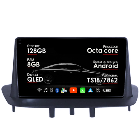 Megane 3 (2003-2016) - Navigatie dedicata Renault Megane 3 2008-2014, 8GB RAM 128GB ROM, Octacore, Platforma TS18, Android 13, Display QLED 9”, Suporta camera 360º, DSP, Carplay&Android Auto, SIM 4G, Ventilator Activ