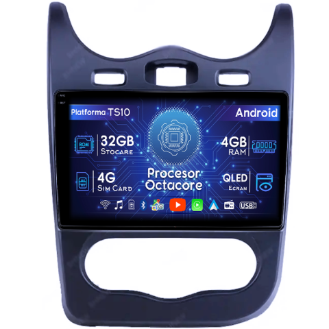 Sandero 2013-2014 - Navigatie dedicata Renault Sandero 2013-2014, 4GB RAM 32GB ROM, Octacore, Android 14, Display QLED 1K 10", DSP, Carplay&Android Auto, SIM 4G, Bluetooth, Ventilator Activ