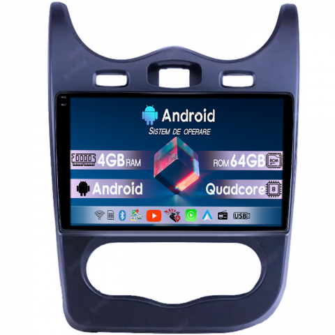 Sandero 2013-2014 - Navigatie dedicata Renault Sandero 2013-2014, 4GB RAM 64GB ROM, Quad Core, Display 9" QLED 1K, Carplay, Android 14, Bluetooth, Magazin Play, Suport Camere AHD