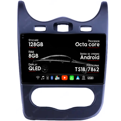 Sandero 2013-2014 - Navigatie dedicata Renault Sandero 2013-2014, 8GB RAM 128GB ROM, Octacore, Platforma TS18, Android 14, Display QLED 9â, Suporta camera 360Âş, DSP, Carplay&Android Auto, SIM 4G, Ventilator Activ