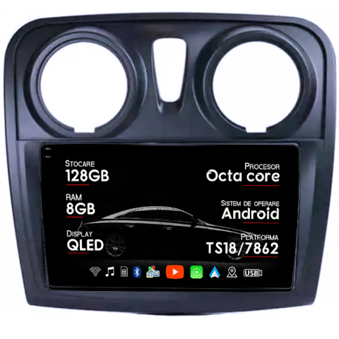 Sandero Dacia Duster Captur Lada Xray - Navigatie dedicata Renault Sandero 2017+, 8GB RAM 128GB ROM, Octacore, Platforma TS18, Android 13, Display QLED 9”, Suporta camera 360º, DSP, Carplay&Android Auto, SIM 4G, Ventilator Activ