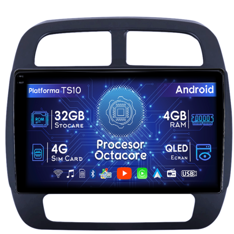 Dacia - Navigatie dedicata Renault SPRING 2021+, 4GB RAM 32GB ROM, Octacore, Android 14, Display QLED 1K 10", DSP, Carplay&Android Auto, SIM 4G, Bluetooth, Ventilator Activ