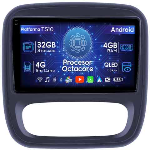 Trafic 3 - Navigatie dedicata Renault Trafic 2014-2018, 4GB RAM 32GB ROM, Octacore, Android 14, Display QLED 1K 9", DSP, Carplay&Android Auto, SIM 4G, Bluetooth, Ventilator Activ