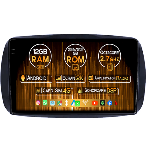 Smart Fortwo 2014+ - Navigatie dedicata Smart Fortwo 2014+, 12GB RAM 256GB ROM, Android 14, Rezolutie 2K, Display QLED, 10", DSP, Carplay, Android Auto, Internet, Youtube, Waze, Wi Fi, USB