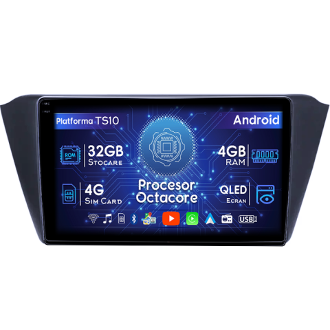 Fabia 2015 - Navigatie dedicata Skoda Fabia 2015, 4GB RAM 32GB ROM, Octacore, Android 14, Display QLED 1K 9", DSP, Carplay&Android Auto, SIM 4G, Bluetooth, Ventilator Activ