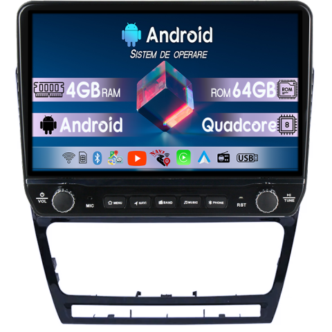 Octavia 2 (2004-2013) - Navigatie dedicata Skoda Octavia 2 2004-2013 Black Tesla cu butoane rotative model 2024, 4GB RAM 64GB ROM, Procesor Quadcore, Android 14, Display QLED 10", DSP, Carplay&Android Auto