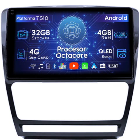 Skoda - Navigatie dedicata Skoda Octavia 2008-2013, 4GB RAM 32GB ROM, Octacore, Android 14, Display QLED 1K 10", DSP, Carplay&Android Auto, SIM 4G, Bluetooth, Ventilator Activ