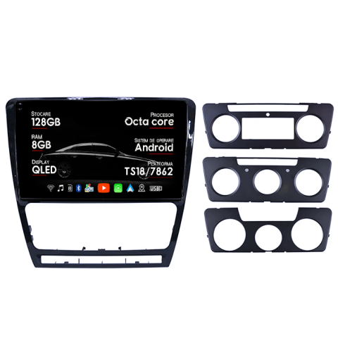 Octavia 2 (2004-2013) - Navigatie dedicata Skoda Octavia 2008-2013, Black, 8GB RAM 128GB ROM, Octacore, Platforma TS18, Android 14, Display QLED 10â, Suporta camera 360Âş, DSP, Carplay&Android Auto, SIM 4G, Ventil