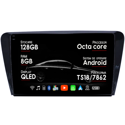Octavia 2013-2018 - Navigatie dedicata Skoda Octavia 2013-2018, 8GB RAM 128GB ROM, Octacore, Platforma TS18, Android 13, Display QLED 10”, Suporta camera 360º, DSP, Carplay&Android Auto, SIM 4G, Ventilator Activ