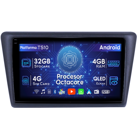 Rapid (2013-2018) - Navigatie dedicata Skoda Rapid 2013-2017, 4GB RAM 32GB ROM, Octacore, Android 14, Display QLED 1K 9", DSP, Carplay&Android Auto, SIM 4G, Bluetooth, Ventilator Activ