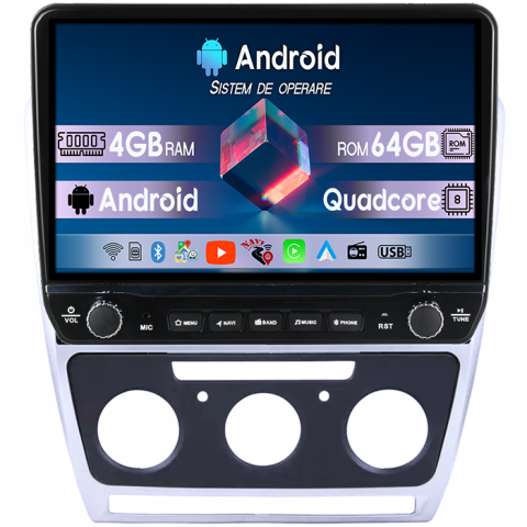 Yeti - Navigatie dedicata Skoda Yeti Gray Tesla cu butoane rotative model 2024, 4GB RAM 64GB ROM, Procesor Quadcore, Android 14, Display QLED 10", DSP, Carplay&Android Auto    