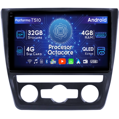 Navigatii Dedicate - Navigatie dedicata Skoda Yeti 2014+, 4GB RAM 32GB ROM, Octacore, Android 14, Display QLED  10", DSP, Carplay&Android Auto, SIM 4G, Bluetooth, Ventilator Activ