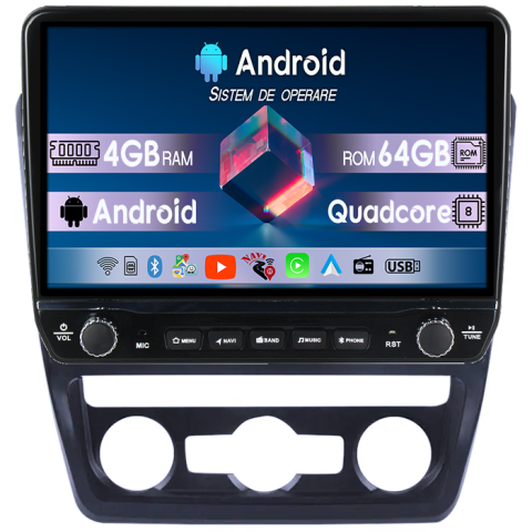 Yeti - Navigatie dedicata Skoda Yeti Black Tesla cu butoane rotative model 2024, 4GB RAM 64GB ROM, Procesor Quadcore, Android 14, Display QLED 10", DSP, Carplay&Android Auto   