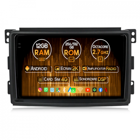 Mercedes-Benz - Navigatie dedicata Smart Fortwo 2006-2011, 12GB RAM 256GB ROM, Android 13, Rezolutie 2K, Display QLED, 9", DSP, Carplay, Android Auto, Internet, Youtube, Waze, Wi Fi, USB