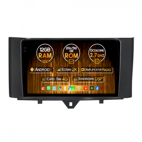 Mercedes-Benz - Navigatie dedicata Smart Fortwo 2011-2015, 12GB RAM 256GB ROM, Android 13, Rezolutie 2K, Display QLED, 9", DSP, Carplay, Android Auto, Internet, Youtube, Waze, Wi Fi, USB