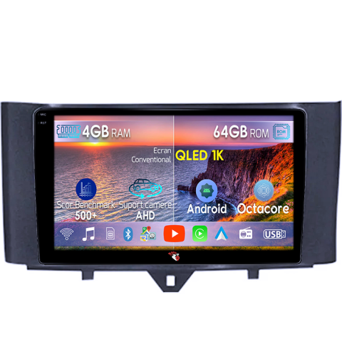 Navigatii Dedicate - Navigatie dedicata Smart Fortwo 2011-2015, 4GB RAM 64GB ROM, Octacore, Android 14, Display QLED  9", Carplay&Android Auto, SIM 4G, Ventilator Activ