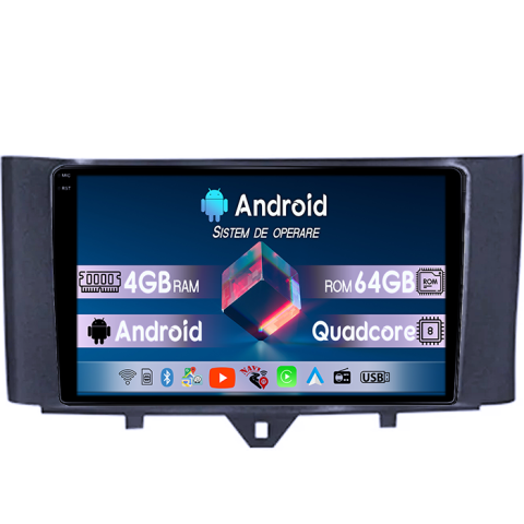 Navigatii Dedicate - Navigatie dedicata Smart Fortwo 2011-2015, 4GB RAM 64GB ROM, Quad Core, Display 9" QLED  Carplay, Android 14, Bluetooth, Magazin Play, Suport Camere AHD