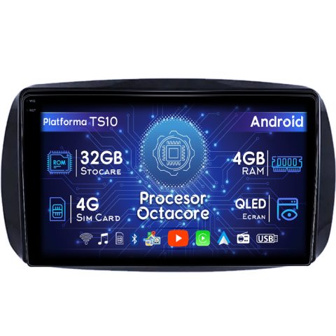 Mercedes-Benz - Navigatie dedicata Smart Fortwo dupa 2014, 4GB RAM 32GB ROM, Octacore, Android 14, Display QLED 1K 9", DSP, Carplay&Android Auto, SIM 4G, Bluetooth, Ventilator Activ