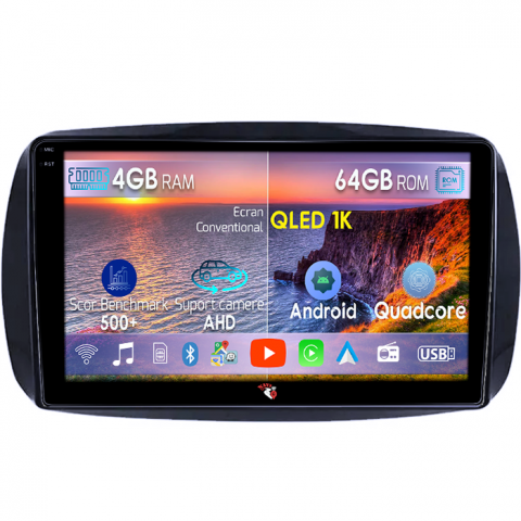 Smart - Navigatie dedicata Smart Fortwo dupa 2014, 4GB RAM 64GB ROM, Octacore, Android 14, Display QLED 1K 9", Carplay&Android Auto, SIM 4G, Ventilator Activ