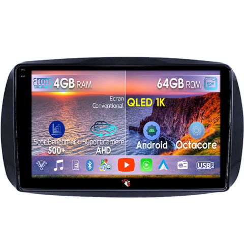 Navigatii Dedicate - Navigatie dedicata Smart Fortwo dupa 2014, 4GB RAM 64GB ROM, Octacore, Android 14, Display QLED  9", Carplay&Android Auto, SIM 4G, Ventilator Activ