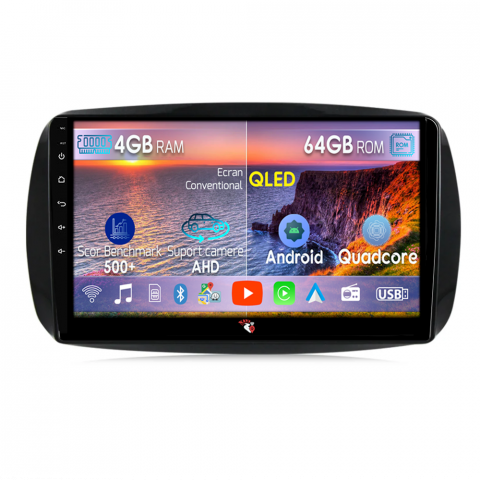 Mercedes-Benz - Navigatie dedicata Smart Fortwo după 2014, 4GB RAM 64GB ROM, Quad Core, Display 9" QLED 1K, Carplay, Android 14, Bluetooth, Magazin Play, Suport Camere AHD