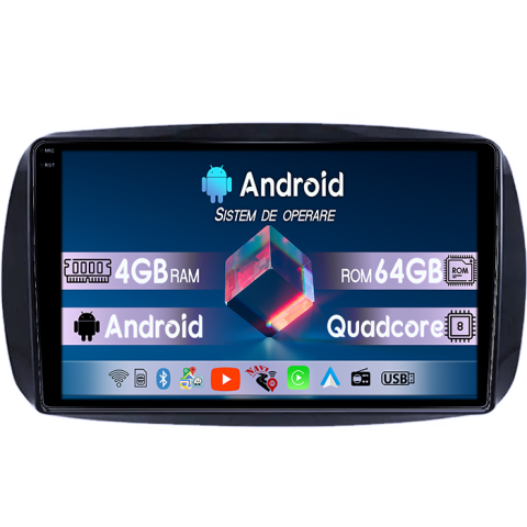 Navigatii Dedicate - Navigatie dedicata Smart Fortwo după 2014, 4GB RAM 64GB ROM, Quad Core, Display 9" QLED  Carplay, Android 14, Bluetooth, Magazin Play, Suport Camere AHD