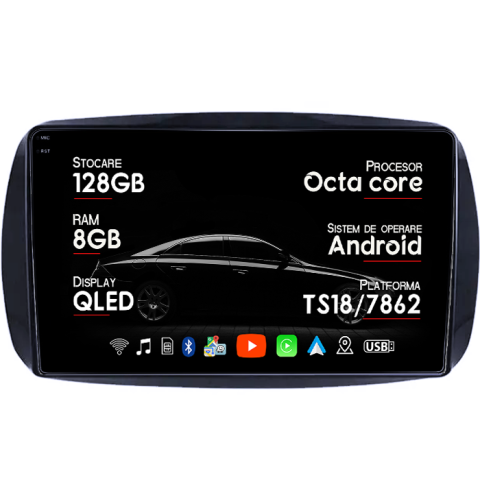 Smart Fortwo 2014+ - Navigatie dedicata Smart Fortwo dupÄ 2014, 8GB RAM 128GB ROM, Octacore, Platforma TS18, Android 14, Display QLED 9â, Suporta camera 360Âş, DSP, Carplay&Android Auto, SIM 4G, Ventilator Activ