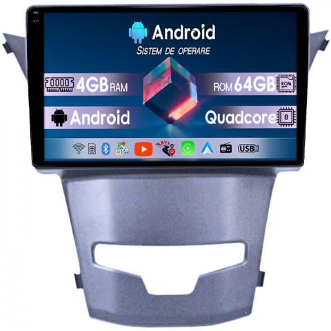 Actyon 2013-2017 - Navigatie dedicata Ssangyong Actyon 2013-2017, 4GB RAM 64GB ROM, Quad Core, Display 9" QLED 1K, Carplay, Android 14, Bluetooth, Magazin Play, Suport Camere AHD