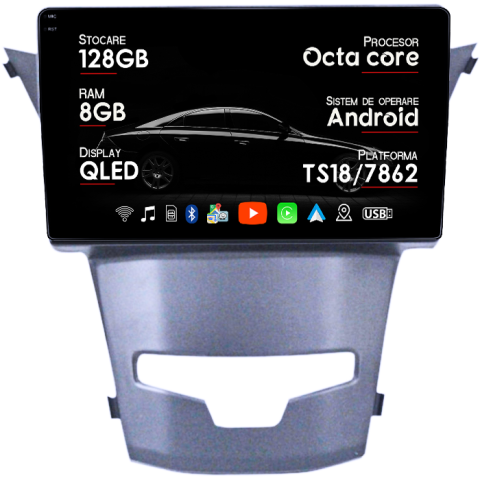Navigatii Dedicate - Navigatie dedicata Ssangyong Actyon 2013-2017, 8GB RAM 128GB ROM, Octacore, Platforma TS18, Android 14, Display QLED 9", Suporta camera 360", DSP, Carplay&Android Auto, SIM 4G, Ventilator Activ