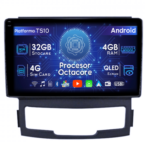 SsangYong - Navigatie dedicata SsangYong Korando 2010-2013, 4GB RAM 32GB ROM, Octacore, Android 14, Display QLED 1K 9", DSP, Carplay&Android Auto, SIM 4G, Bluetooth, Ventilator Activ