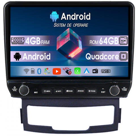 Korando 2010-2013 - Navigatie dedicata SsangYong Korando 2010-2013 Tesla cu butoane rotative model 2024, 4GB RAM 64GB ROM, Procesor Quadcore, Android 14, Display QLED 10", DSP, Carplay&Android Auto