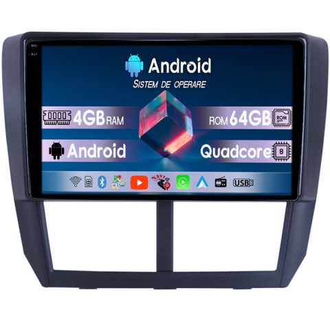Forester 3 2007-2013 - Navigatie dedicata Subaru Forester 3 2007-2013, 4GB RAM 64GB ROM, Quad Core, Display 9" QLED  Carplay, Android 14, Bluetooth, Magazin Play, Suport Camere AHD
