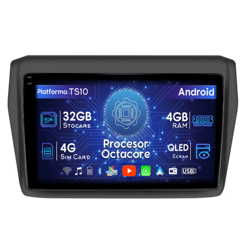 Navigatii Dedicate - Navigatie dedicata Suzuki Swift 2017-2020, 4GB RAM 32GB ROM, Octacore, Android 14, Display QLED  10", DSP, Carplay&Android Auto, SIM 4G, Bluetooth, Ventilator Activ