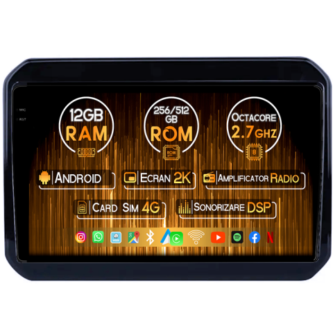 Ignis 2000-2005 - Navigatie dedicata Suzuki Ignis 2000-2005, 12GB RAM 256GB ROM, Android 14, Rezolutie 2K, Display QLED, 9", DSP, Carplay, Android Auto, Internet, Youtube, Waze, Wi Fi, USB