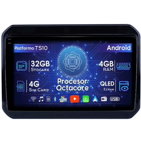 Ignis 2016-2020 - Navigatie dedicata Suzuki Ignis 2016-2020, 4GB RAM 32GB ROM, Octacore, Android 14, Display QLED 1K 9", DSP, Carplay&Android Auto, SIM 4G, Bluetooth, Ventilator Activ