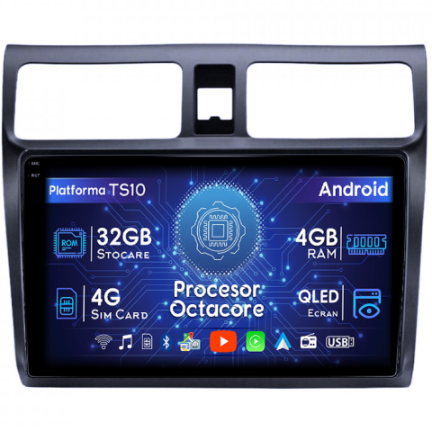 Swift 2003-2010 - Navigatie dedicata Suzuki Swift 2003-2010, 4GB RAM 32GB ROM, Octacore, Android 14, Display QLED 1K 10", DSP, Carplay&Android Auto, SIM 4G, Bluetooth, Ventilator Activ
