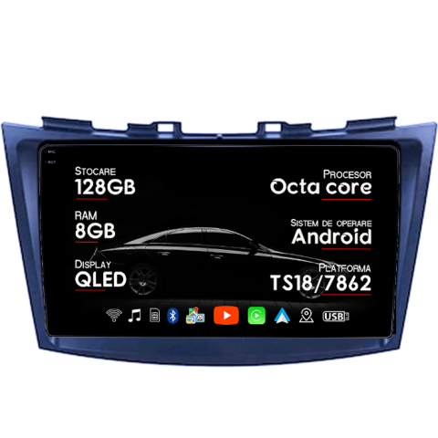 Navigatii Dedicate - Navigatie dedicata Suzuki Swift 2010-2017, 8GB RAM 128GB ROM, Octacore, Platforma TS18, Android 14, Display QLED 9", Suporta camera 360", DSP, Carplay&Android Auto, SIM 4G, Ventilator Activ