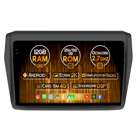 Suzuki Swift 2017-2020 - Navigatie dedicata Suzuki Swift 2017-2020, 12GB RAM 256GB ROM, Android 14, Rezolutie 2K, Display QLED, 10", DSP, Carplay, Android Auto, Internet, Youtube, Waze, Wi Fi, USB