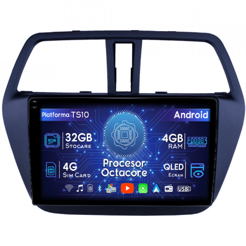 SX4 2006-2014 - Navigatie dedicata Suzuki SX4 2014 S Cross, 4GB RAM 32GB ROM, Octacore, Android 14, Display QLED 1K 9", DSP, Carplay&Android Auto, SIM 4G, Bluetooth, Ventilator Activ
