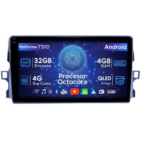 Toyota - Navigatie dedicata Toyota Auris 2006-2011, 4GB RAM 32GB ROM, Octacore, Android 14, Display QLED 1K 9", DSP, Carplay&Android Auto, SIM 4G, Bluetooth, Ventilator Activ