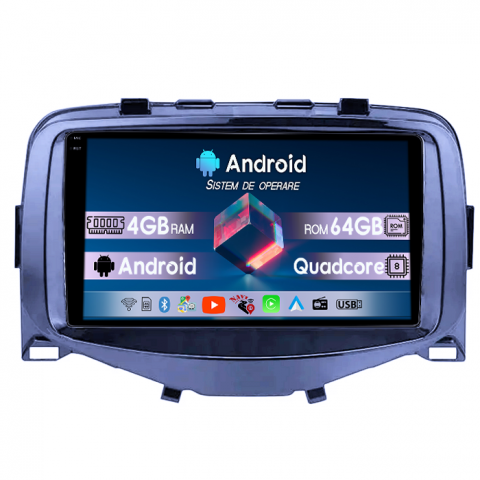 Aygo 2014-2022 - Navigatie dedicata Toyota Aygo 2016, 4GB RAM 64GB ROM, Quad Core, Display 9" QLED 1K, Carplay, Android 14, Bluetooth, Magazin Play, Suport Camere AHD