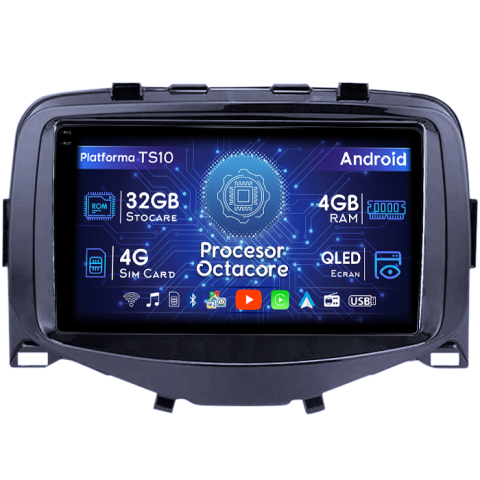 Peugeot 108 2016 - Navigatie dedicata Toyota Aygo/ Peugeot 108/ Citroen C1 2016, 4GB RAM 32GB ROM, Octacore, Android 14, Display QLED 1K 9", DSP, Carplay&Android Auto, SIM 4G, Bluetooth, Ventilator Activ