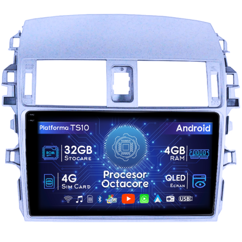 Corolla E150 2007-2013 - Navigatie dedicata Toyota Corolla 2006-2013, 4 GB RAM 32 ROM, Android 13, Display QLED  9", DSP, Carplay, Android Auto, Internet, Youtube, Waze, WI-FI, USB, Bluetooth