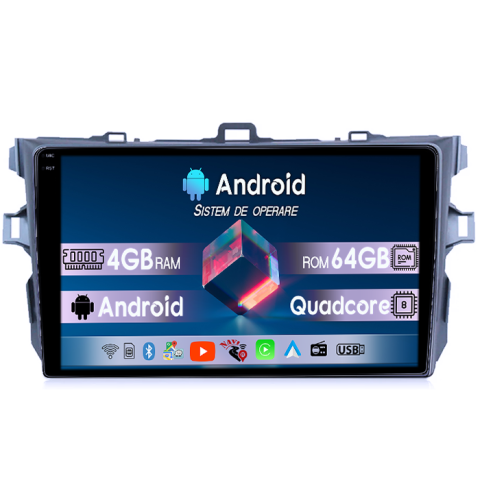 Corolla E150 2007-2013 - Navigatie dedicata Toyota Corolla 2007-2013, 4GB RAM 64GB ROM, Quadcore, Android 14, Display QLED  9", Carplay&Android Auto, SIM 4G, Ventilator Activ