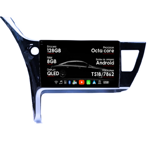 Corolla 2017-2020 - Navigatie dedicata Toyota Corolla 2017-2020, 8GB RAM 128GB ROM, Octacore, Platforma TS18, Android 14, Display QLED 10â, Suporta camera 360Âş, DSP, Carplay&Android Auto, SIM 4G, Ventilator Activ
