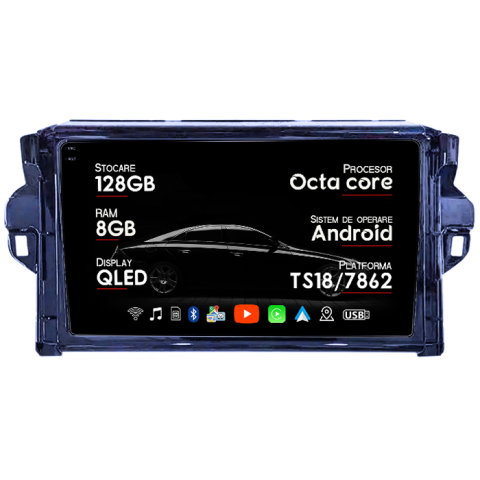 Navigatii Dedicate - Navigatie dedicata Toyota Fortuner 2015-2020, 8GB RAM 128GB ROM, Octacore, Platforma TS18, Android 14, Display QLED 9", Suporta camera 360", DSP, Carplay&Android Auto, SIM 4G, Ventilator Activ
