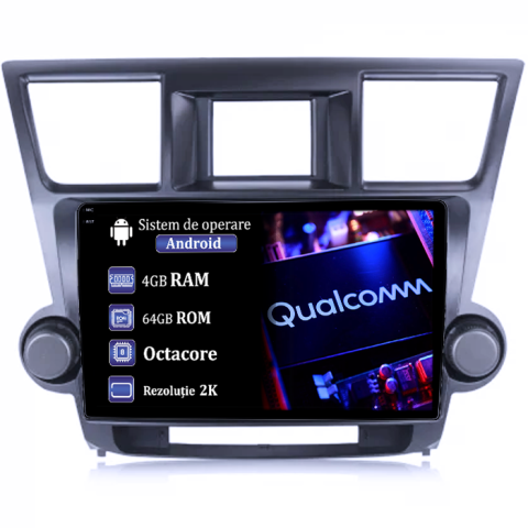 Highlander 2007-2013 - Navigatie dedicata Toyota Highlander 2009-2014, 4GB RAM 64GB ROM, Procesor Qualcomm Octacore, Android 14, Rezolutie 2K, Display QLED 9", DSP, Carplay&Android Auto, SIM 4